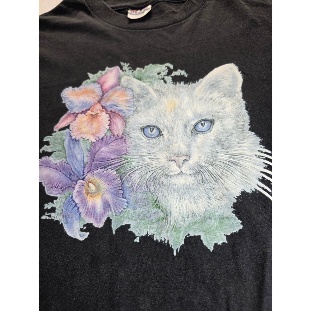 Vintage Hanes Cat T-Shirt XL Black Orchid Flower Graphic Cottagecore Boho 90s - Picture 3 of 5